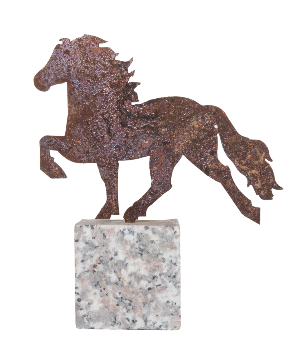 Decorative horse, rusted steel on granite rock.