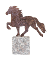 Decorative horse, rusted steel on granite rock.